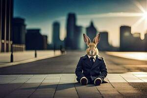 a rabbit in a suit sitting on the ground. AI-Generated photo