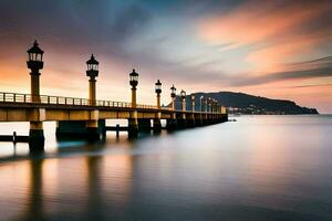 a long exposure photo of a pier at sunset. AI-Generated