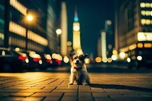 a dog sitting on the sidewalk in front of a city at night. AI-Generated photo