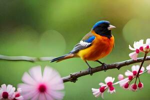 un vistoso pájaro se sienta en un rama con rosado flores generado por ai foto