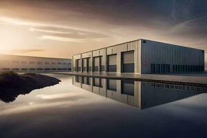 a large industrial building with a reflecting pool. AI-Generated photo