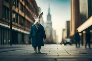 a rabbit wearing a coat and tie standing in the middle of a city street. AI-Generated photo
