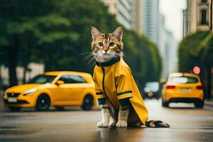 un gato en un amarillo impermeable en pie en el calle. generado por ai foto