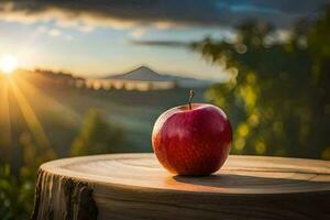 an apple sits on top of a stump with the sun setting behind it. AI-Generated photo