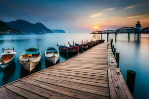 boats docked at the pier at sunset. AI-Generated photo