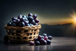 grapes in a basket on a table. AI-Generated photo