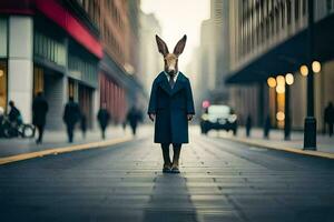 un Conejo vistiendo un Saco y en pie en el medio de un ciudad calle. generado por ai foto