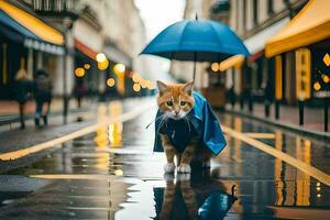 un gato en un impermeable caminando abajo un calle. generado por ai foto