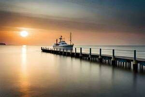 a boat docked at the end of a pier at sunset. AI-Generated photo