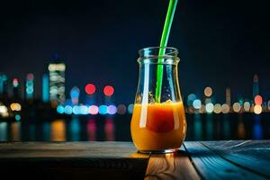 a glass of orange juice with a straw on a wooden table in front of a city skyline. AI-Generated photo