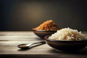 two bowls of rice and spices on a wooden table. AI-Generated photo