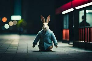 a rabbit in a suit stands on the street at night. AI-Generated photo