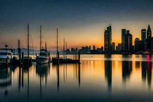 el ciudad horizonte es reflejado en el agua a puesta de sol. generado por ai foto