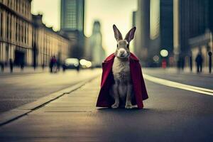 a rabbit wearing a red coat on the street. AI-Generated photo