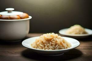 chinese rice in a bowl and a pot. AI-Generated photo