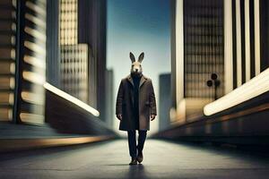 a man wearing a rabbit mask walks down a city street. AI-Generated photo