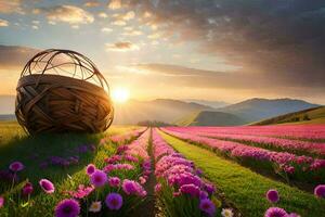 the sun rises over a field of purple flowers. AI-Generated photo