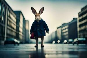 a rabbit dressed in a suit and tie standing in the middle of a city street. AI-Generated photo