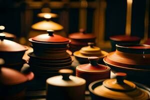 many different colored pots and pans are sitting on a table. AI-Generated photo