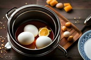 eggs in a pot with a bowl of broth. AI-Generated photo