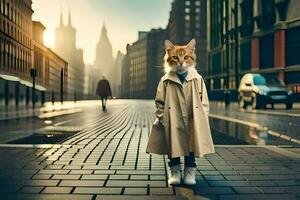 a cat in a trench coat standing on a city street. AI-Generated photo