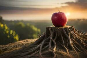 an apple sits on top of a stump with roots. AI-Generated photo