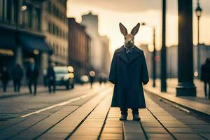 a rabbit wearing a coat and hat on a city street. AI-Generated photo