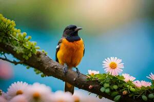 a bird sits on a branch with flowers in the background. AI-Generated photo