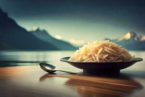 a bowl of rice on a table with a spoon and mountains in the background. AI-Generated photo