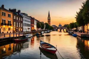 boats are docked in a canal at sunset. AI-Generated photo