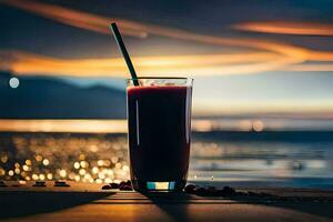 a glass of juice with a straw sitting on a wooden table. AI-Generated photo