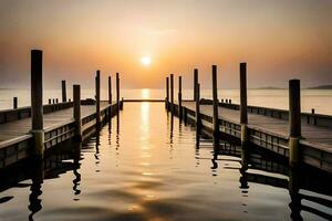 a pier with wooden posts in the water at sunset. AI-Generated photo