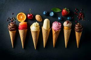 different ice cream flavors in cones on a black background. AI-Generated photo