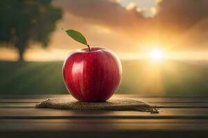 an apple is sitting on a wooden table with the sun setting behind it. AI-Generated photo