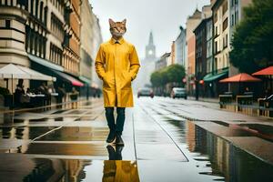 a cat wearing a yellow raincoat standing in the middle of a city street. AI-Generated photo