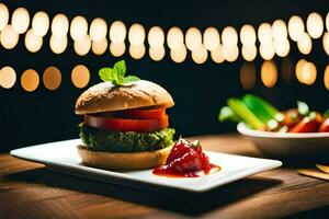 a hamburger with tomato, lettuce and ketchup on a white plate. AI-Generated photo