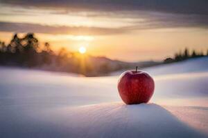 an apple is sitting in the snow at sunset. AI-Generated photo