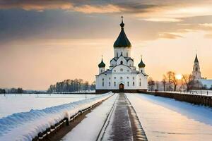 a church in the snow with a bridge leading to it. AI-Generated photo