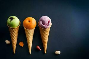 three ice cream cones with different colored ice cream. AI-Generated photo