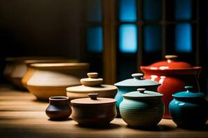 a row of colorful pots and bowls sit on a table. AI-Generated photo