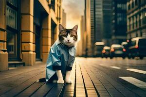 a cat in a blue shirt sitting on the sidewalk. AI-Generated photo
