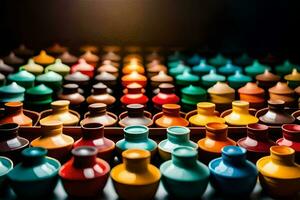 colorful vases are arranged in a row. AI-Generated photo
