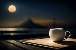a cup of coffee sits on a table with a view of the moon. AI-Generated photo