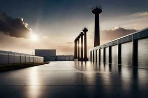 a large warehouse with a large building in the background. AI-Generated photo