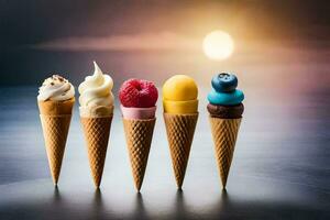 five ice cream cones with different flavors. AI-Generated photo