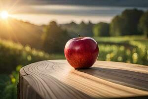 un manzana se sienta en parte superior de un de madera mesa en frente de un campo. generado por ai foto