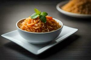 a bowl of rice with tomato sauce and a leaf of basil. AI-Generated photo