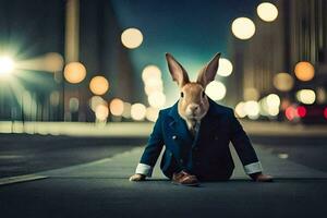 un Conejo en un traje y Corbata sentado en el calle. generado por ai foto