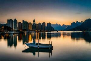 a boat sits on the water in front of a city skyline. AI-Generated photo