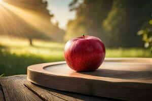 un manzana se sienta en un de madera mesa en el Dom. generado por ai foto